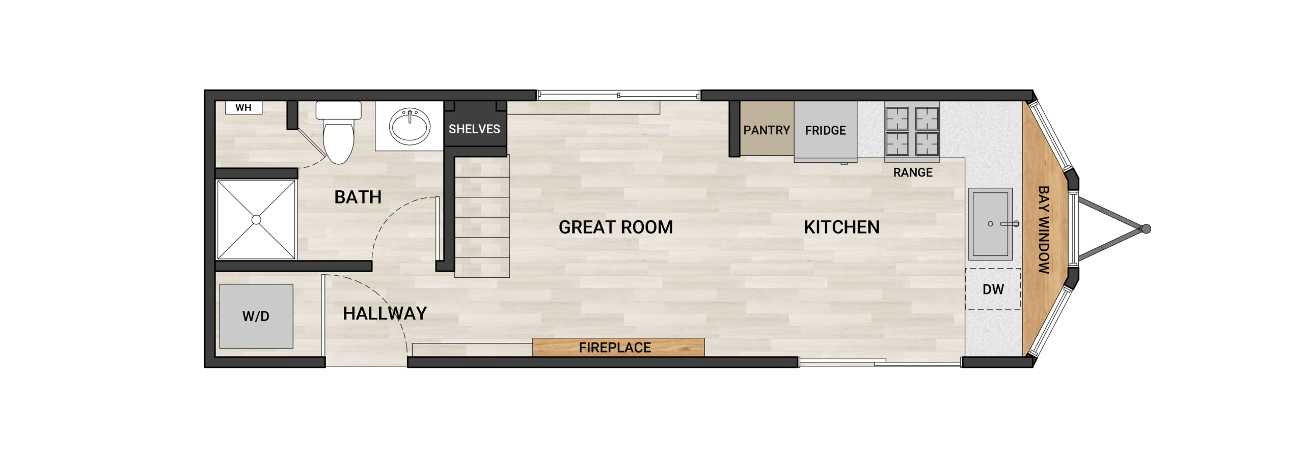 Frontier Felicity 3200 30-foot tiny home floor plan with 2 bedrooms
