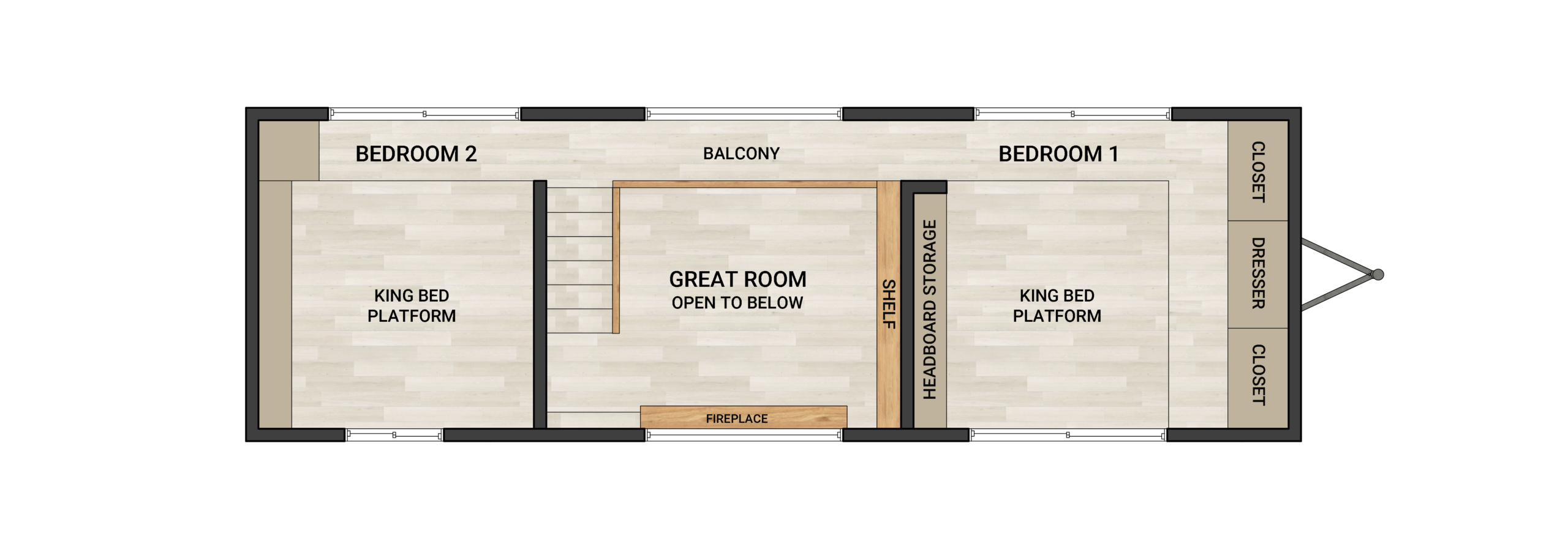 Frontier Felicity 3210 30-foot tiny home floor plan with 2 bedrooms