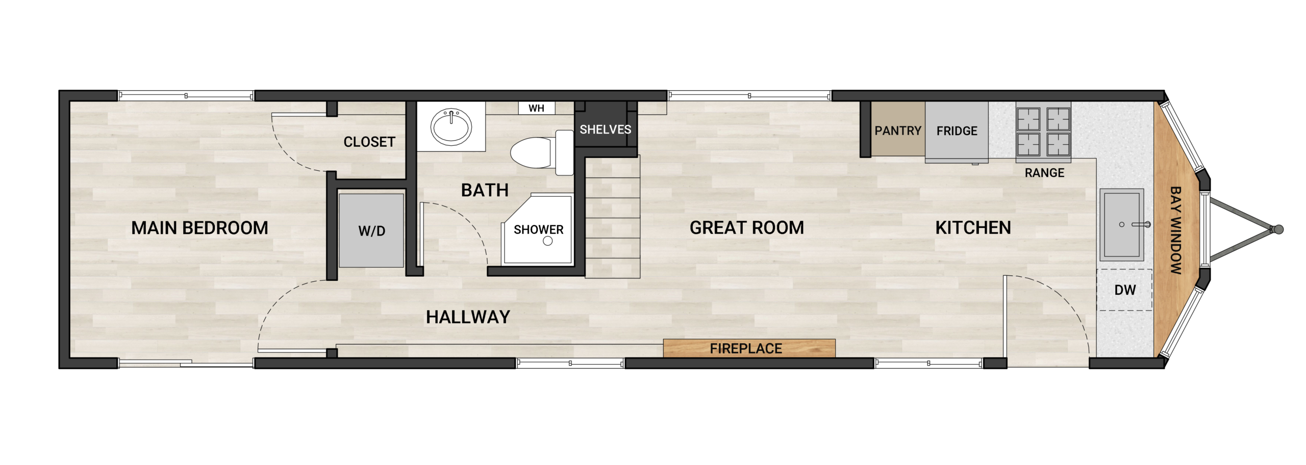 Frontier Perpetua 4200 40-foot tiny home floor plan with 2 bedrooms