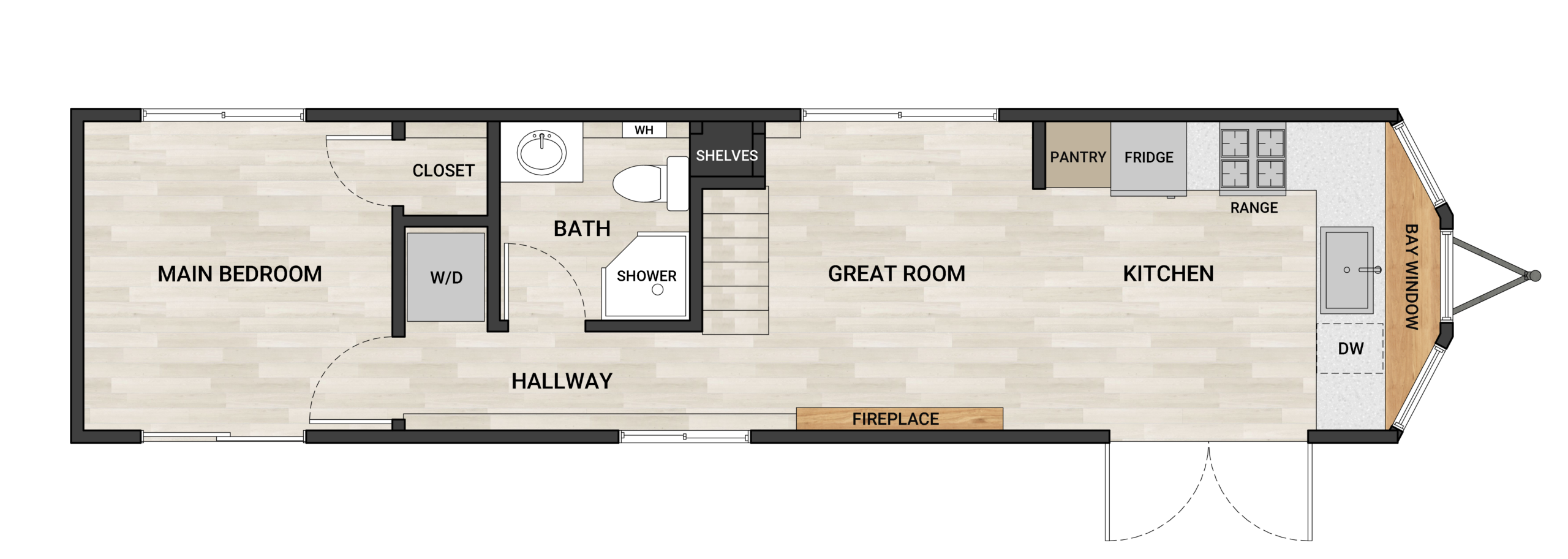 Frontier Perpetua 4201 40-foot tiny home floor plan with 2 bedrooms