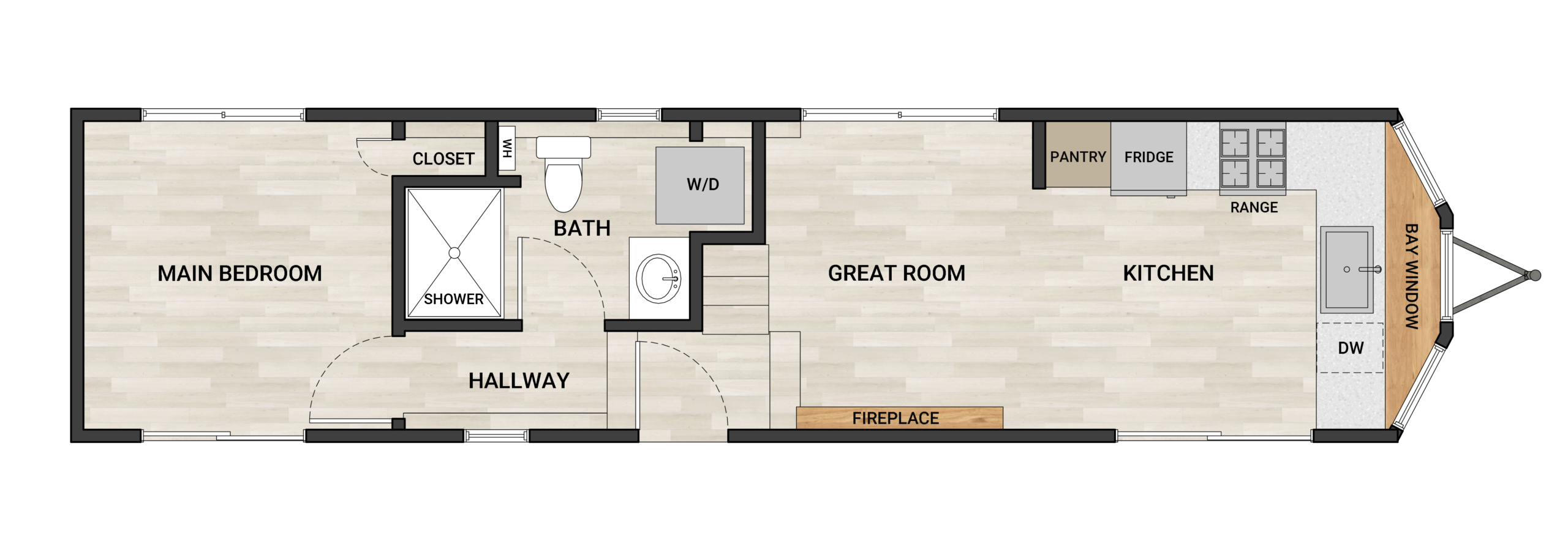 Frontier Perpetua 4210 40-foot tiny home floor plan with 2 bedrooms