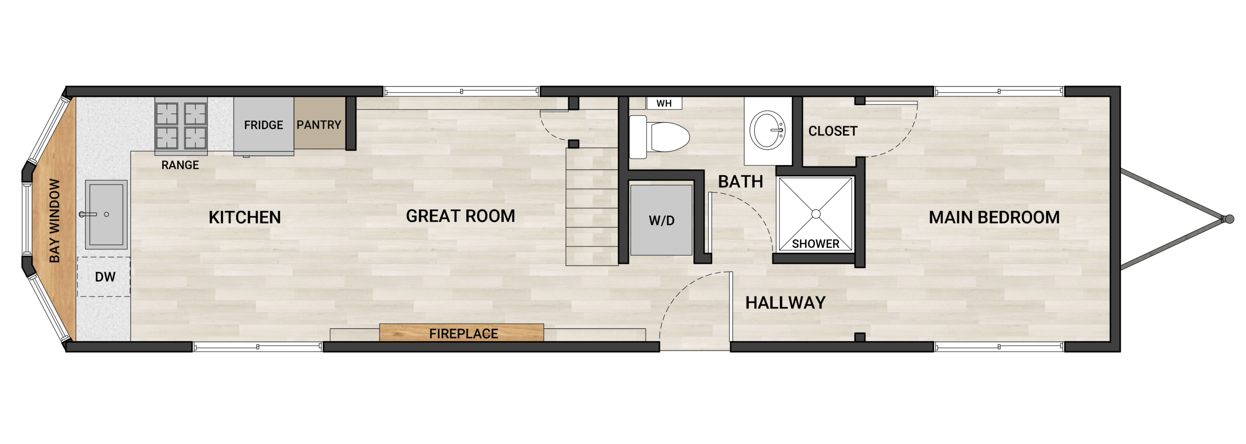 Frontier Perpetua 4325 40-foot tiny home floor plan with 3 bedrooms